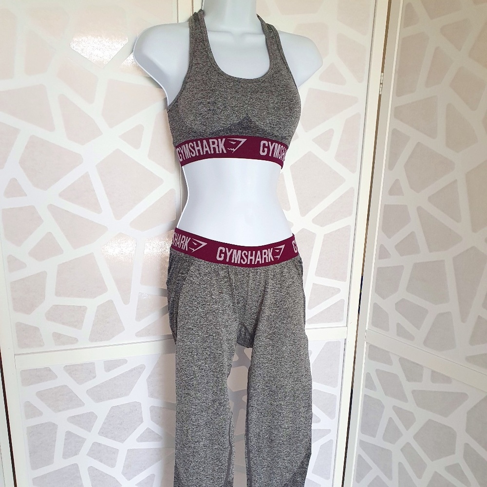 GymShark Matching Grey and Burgandy Sports Bra and Leggings